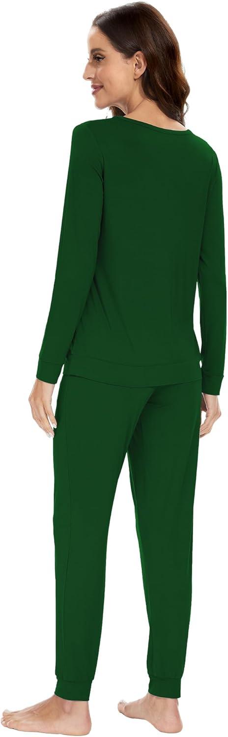 imageWiWi Viscose from Bamboo Womens Long Sleeve Pajama Sets Sleepwear with Jogger Pajamas Pants Soft Lounge Set Loungewear SXXLDark Green
