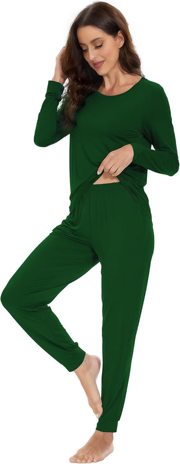 imageWiWi Viscose from Bamboo Womens Long Sleeve Pajama Sets Sleepwear with Jogger Pajamas Pants Soft Lounge Set Loungewear SXXLDark Green