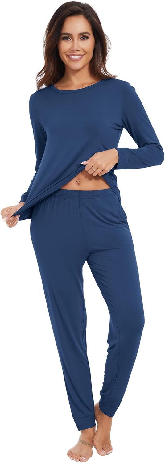 imageWiWi Viscose from Bamboo Womens Long Sleeve Pajama Sets Sleepwear with Jogger Pajamas Pants Soft Lounge Set Loungewear SXXLInk Blue