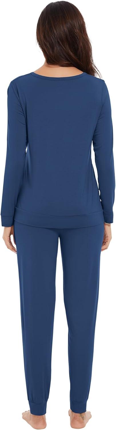 imageWiWi Viscose from Bamboo Womens Long Sleeve Pajama Sets Sleepwear with Jogger Pajamas Pants Soft Lounge Set Loungewear SXXLInk Blue