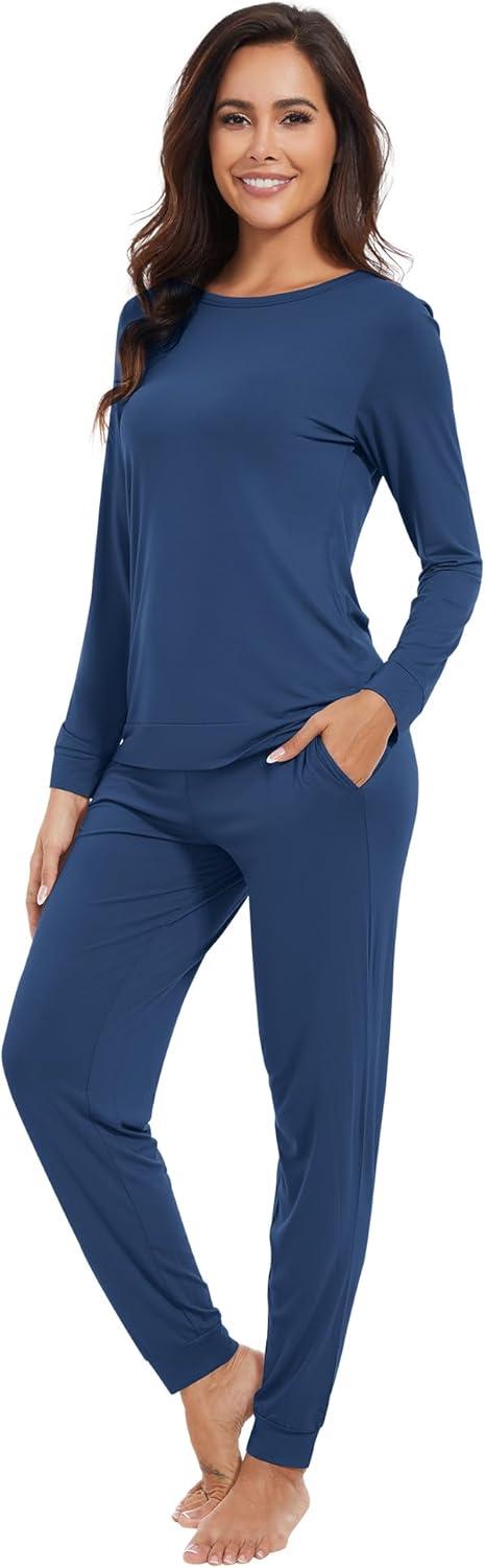 imageWiWi Viscose from Bamboo Womens Long Sleeve Pajama Sets Sleepwear with Jogger Pajamas Pants Soft Lounge Set Loungewear SXXLInk Blue
