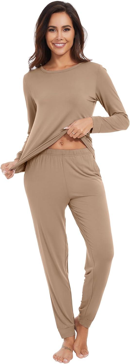 imageWiWi Viscose from Bamboo Womens Long Sleeve Pajama Sets Sleepwear with Jogger Pajamas Pants Soft Lounge Set Loungewear SXXLKhaki