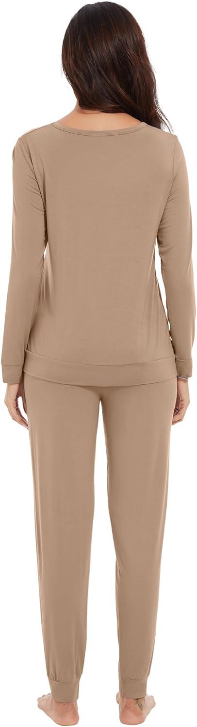 imageWiWi Viscose from Bamboo Womens Long Sleeve Pajama Sets Sleepwear with Jogger Pajamas Pants Soft Lounge Set Loungewear SXXLKhaki