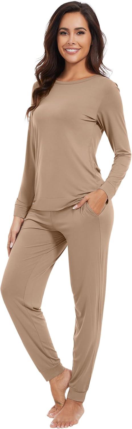 imageWiWi Viscose from Bamboo Womens Long Sleeve Pajama Sets Sleepwear with Jogger Pajamas Pants Soft Lounge Set Loungewear SXXLKhaki