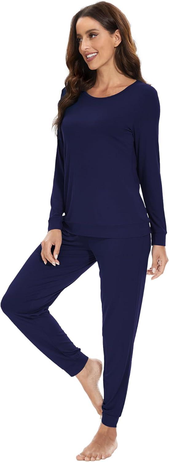 imageWiWi Viscose from Bamboo Womens Long Sleeve Pajama Sets Sleepwear with Jogger Pajamas Pants Soft Lounge Set Loungewear SXXLNavy