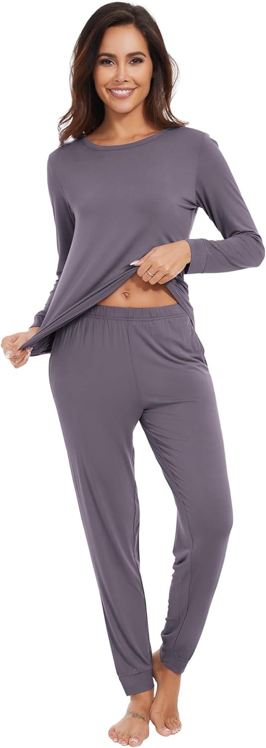 imageWiWi Viscose from Bamboo Womens Long Sleeve Pajama Sets Sleepwear with Jogger Pajamas Pants Soft Lounge Set Loungewear SXXLPurplish Grey