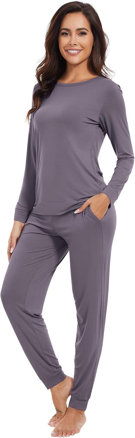 imageWiWi Viscose from Bamboo Womens Long Sleeve Pajama Sets Sleepwear with Jogger Pajamas Pants Soft Lounge Set Loungewear SXXLPurplish Grey