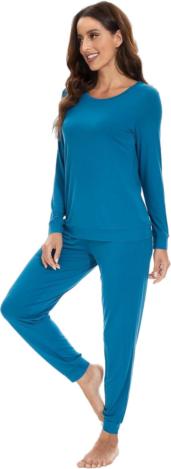 imageWiWi Viscose from Bamboo Womens Long Sleeve Pajama Sets Sleepwear with Jogger Pajamas Pants Soft Lounge Set Loungewear SXXLTeal Blue
