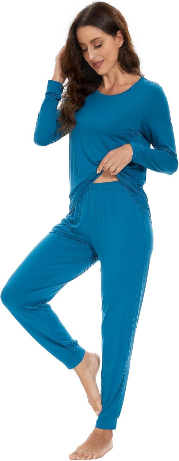 imageWiWi Viscose from Bamboo Womens Long Sleeve Pajama Sets Sleepwear with Jogger Pajamas Pants Soft Lounge Set Loungewear SXXLTeal Blue