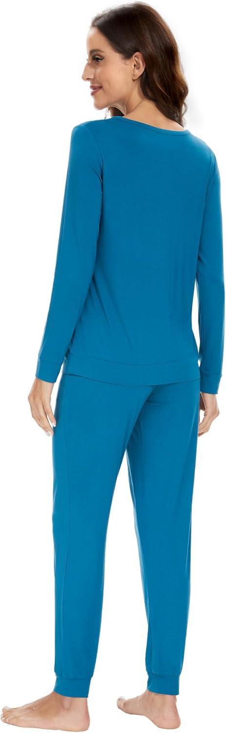 imageWiWi Viscose from Bamboo Womens Long Sleeve Pajama Sets Sleepwear with Jogger Pajamas Pants Soft Lounge Set Loungewear SXXLTeal Blue