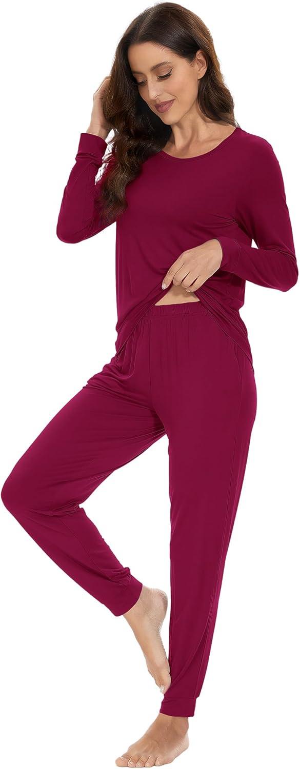imageWiWi Viscose from Bamboo Womens Long Sleeve Pajama Sets Sleepwear with Jogger Pajamas Pants Soft Lounge Set Loungewear SXXLWine