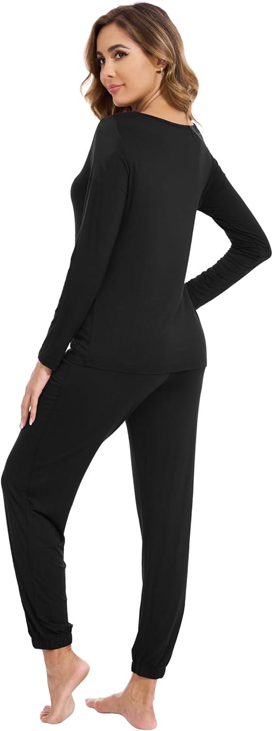 imageWiWi Viscose from Bamboo Womens Pajamas Set Soft Long Sleeve Top with Bottoms Crew Neck and Pockets SXXLBlack