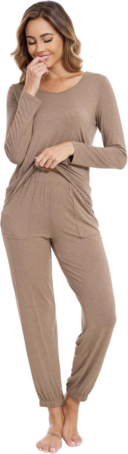imageWiWi Viscose from Bamboo Womens Pajamas Set Soft Long Sleeve Top with Bottoms Crew Neck and Pockets SXXLCamel