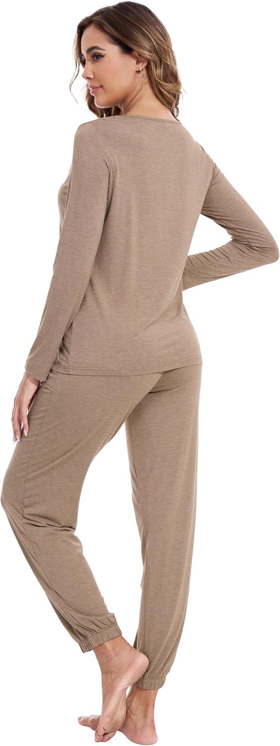 imageWiWi Viscose from Bamboo Womens Pajamas Set Soft Long Sleeve Top with Bottoms Crew Neck and Pockets SXXLCamel