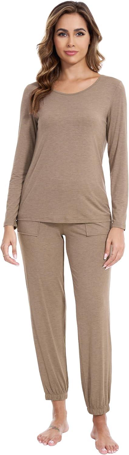 imageWiWi Viscose from Bamboo Womens Pajamas Set Soft Long Sleeve Top with Bottoms Crew Neck and Pockets SXXLCamel