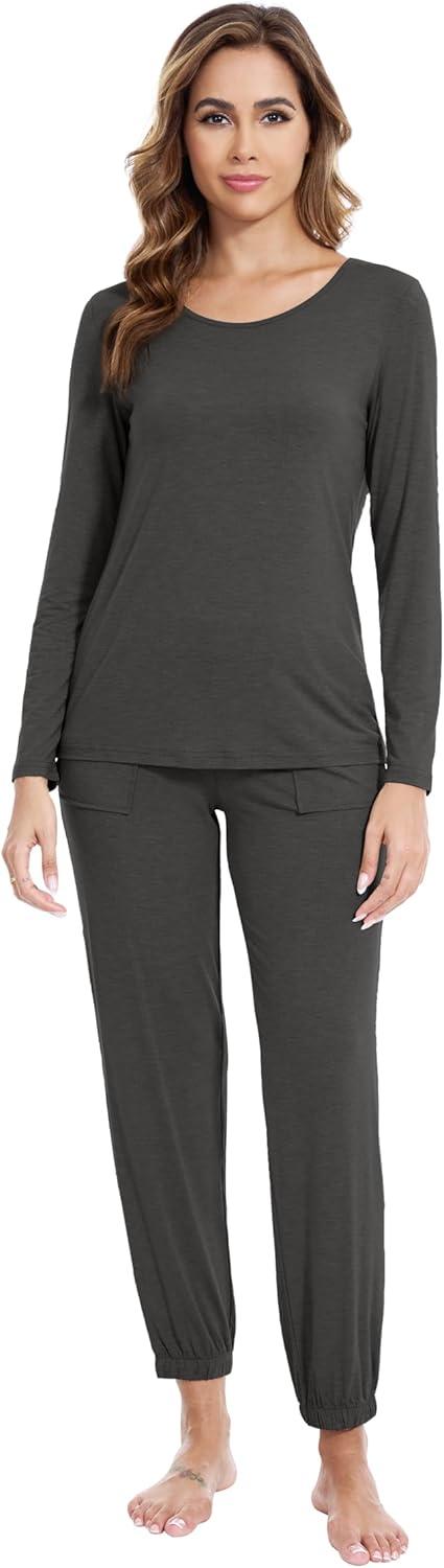 imageWiWi Viscose from Bamboo Womens Pajamas Set Soft Long Sleeve Top with Bottoms Crew Neck and Pockets SXXLCharcoal Heather