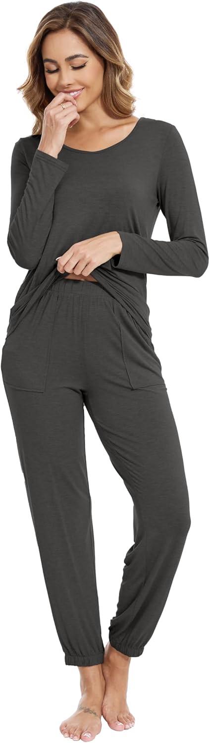 imageWiWi Viscose from Bamboo Womens Pajamas Set Soft Long Sleeve Top with Bottoms Crew Neck and Pockets SXXLCharcoal Heather