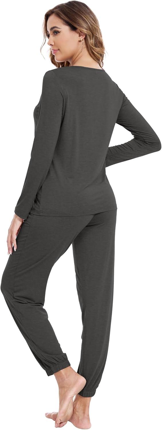 imageWiWi Viscose from Bamboo Womens Pajamas Set Soft Long Sleeve Top with Bottoms Crew Neck and Pockets SXXLCharcoal Heather
