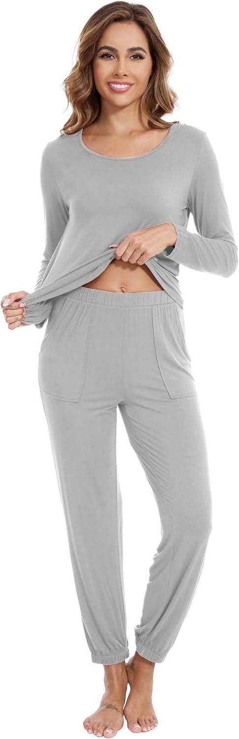 imageWiWi Viscose from Bamboo Womens Pajamas Set Soft Long Sleeve Top with Bottoms Crew Neck and Pockets SXXLLight Grey