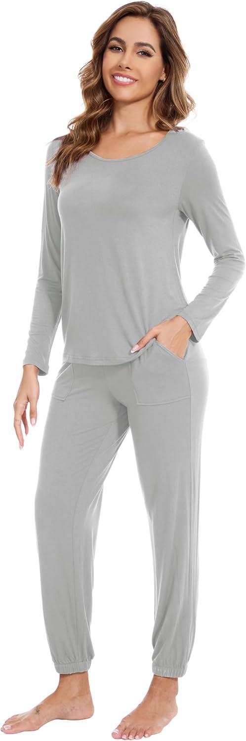 imageWiWi Viscose from Bamboo Womens Pajamas Set Soft Long Sleeve Top with Bottoms Crew Neck and Pockets SXXLLight Grey