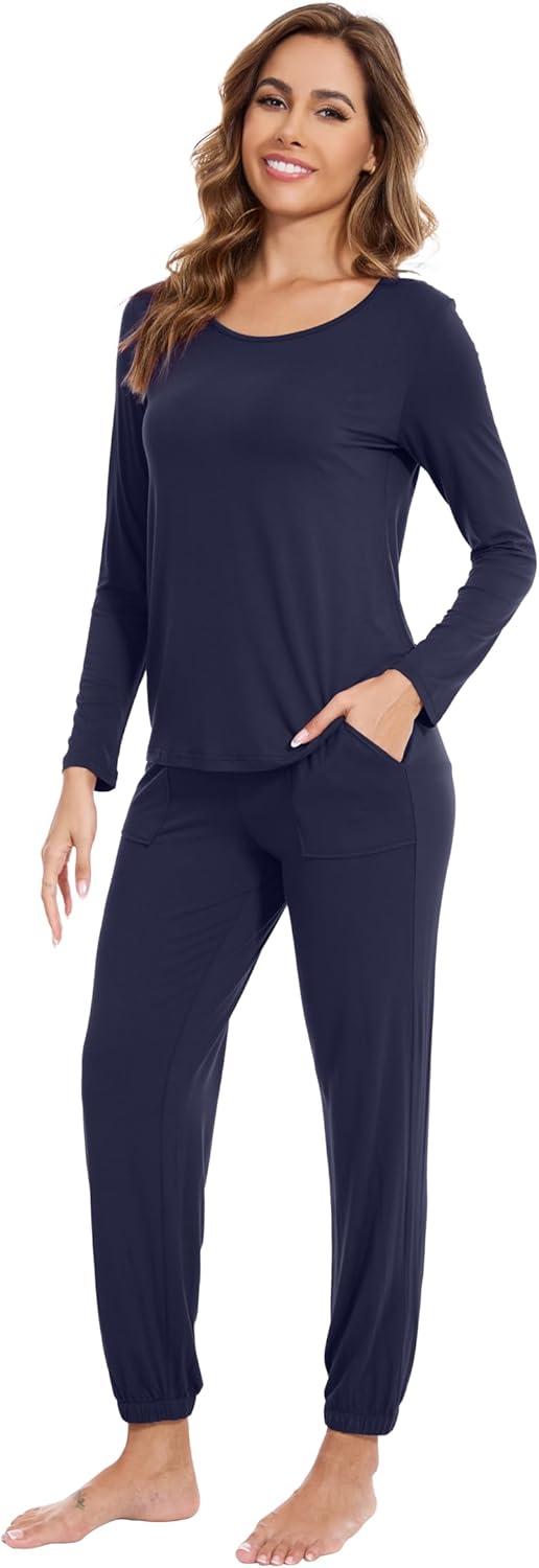 imageWiWi Viscose from Bamboo Womens Pajamas Set Soft Long Sleeve Top with Bottoms Crew Neck and Pockets SXXLNavy