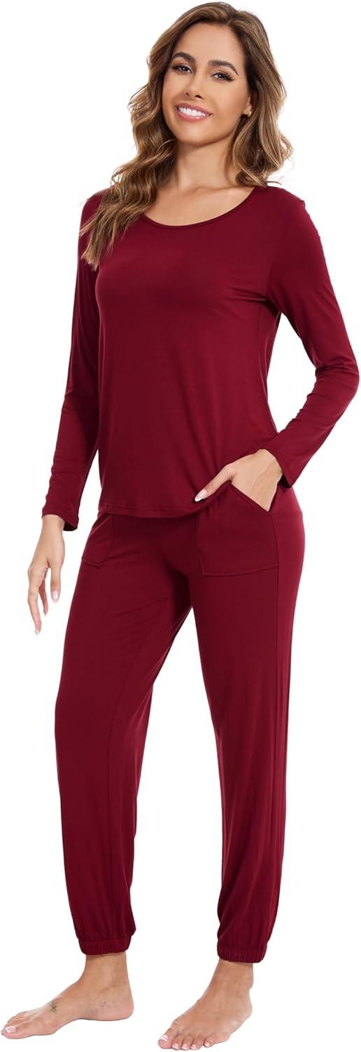 imageWiWi Viscose from Bamboo Womens Pajamas Set Soft Long Sleeve Top with Bottoms Crew Neck and Pockets SXXLWine