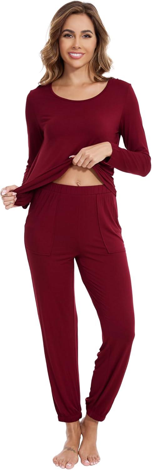 imageWiWi Viscose from Bamboo Womens Pajamas Set Soft Long Sleeve Top with Bottoms Crew Neck and Pockets SXXLWine