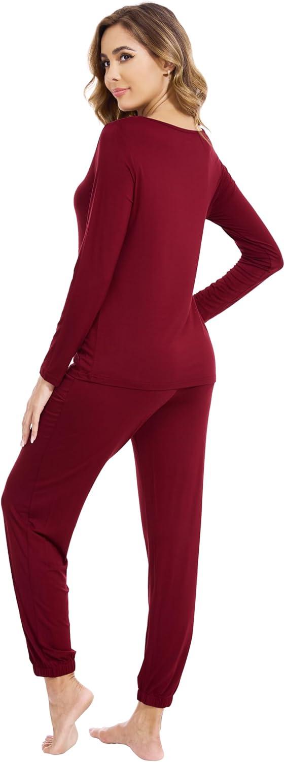 imageWiWi Viscose from Bamboo Womens Pajamas Set Soft Long Sleeve Top with Bottoms Crew Neck and Pockets SXXLWine