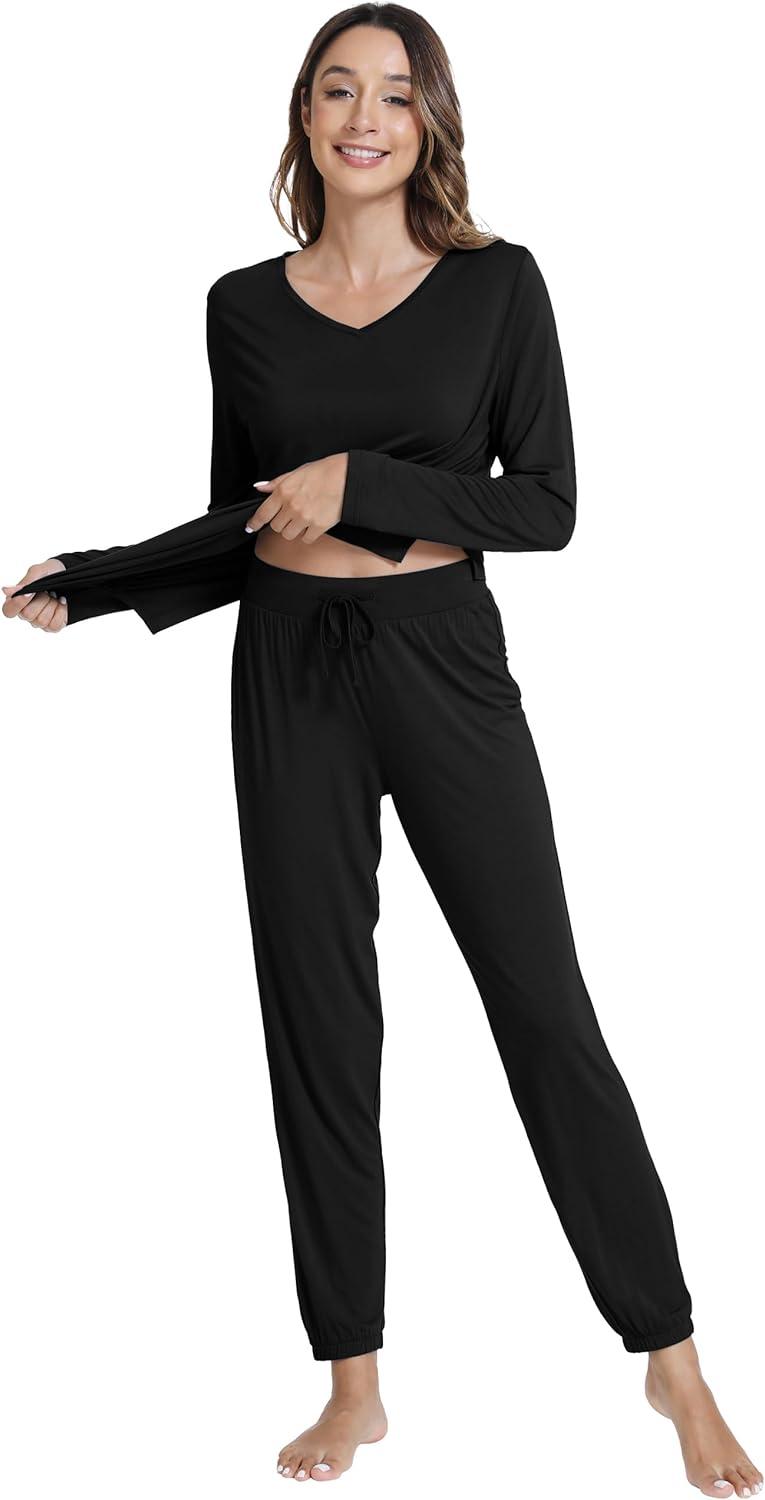 imageWiWi Womens Pajama Set Soft Long Sleeve Pajamas Viscose from Bamboo Top and Bottom Vneck Sleepwear Nightwear SXXLBlack
