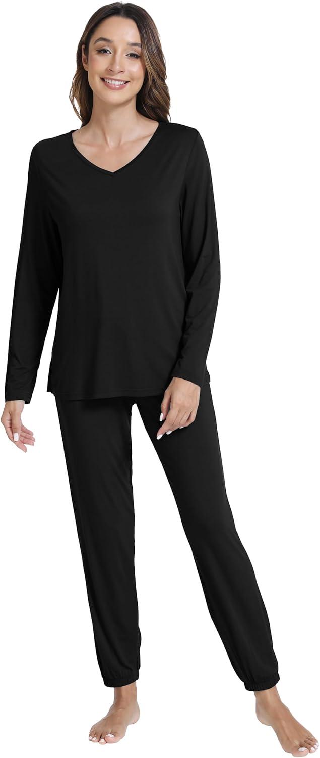 imageWiWi Womens Pajama Set Soft Long Sleeve Pajamas Viscose from Bamboo Top and Bottom Vneck Sleepwear Nightwear SXXLBlack