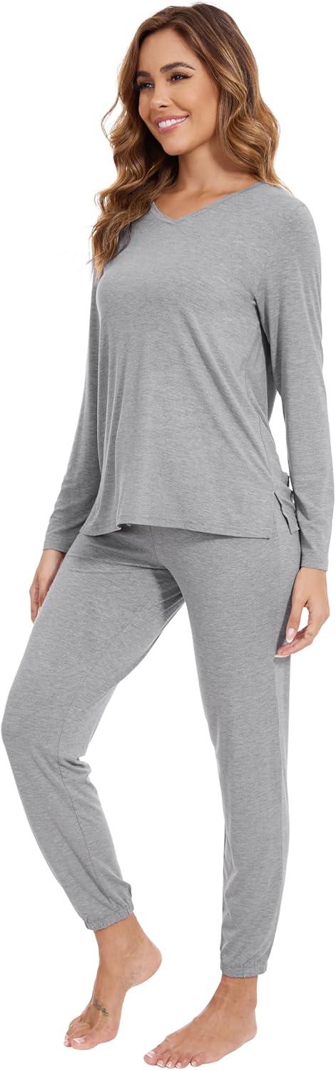imageWiWi Womens Pajama Set Soft Long Sleeve Pajamas Viscose from Bamboo Top and Bottom Vneck Sleepwear Nightwear SXXLHeather Grey