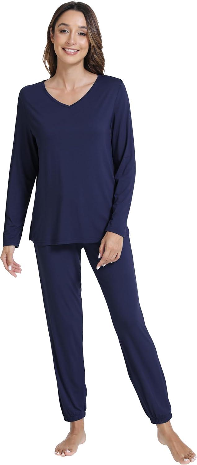 imageWiWi Womens Pajama Set Soft Long Sleeve Pajamas Viscose from Bamboo Top and Bottom Vneck Sleepwear Nightwear SXXLNavy