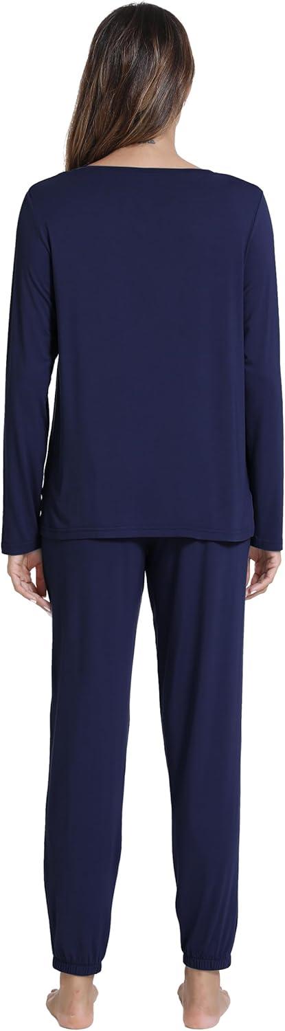 imageWiWi Womens Pajama Set Soft Long Sleeve Pajamas Viscose from Bamboo Top and Bottom Vneck Sleepwear Nightwear SXXLNavy