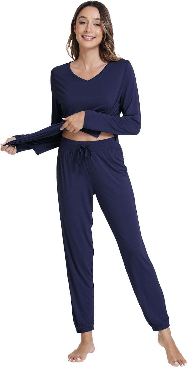 imageWiWi Womens Pajama Set Soft Long Sleeve Pajamas Viscose from Bamboo Top and Bottom Vneck Sleepwear Nightwear SXXLNavy