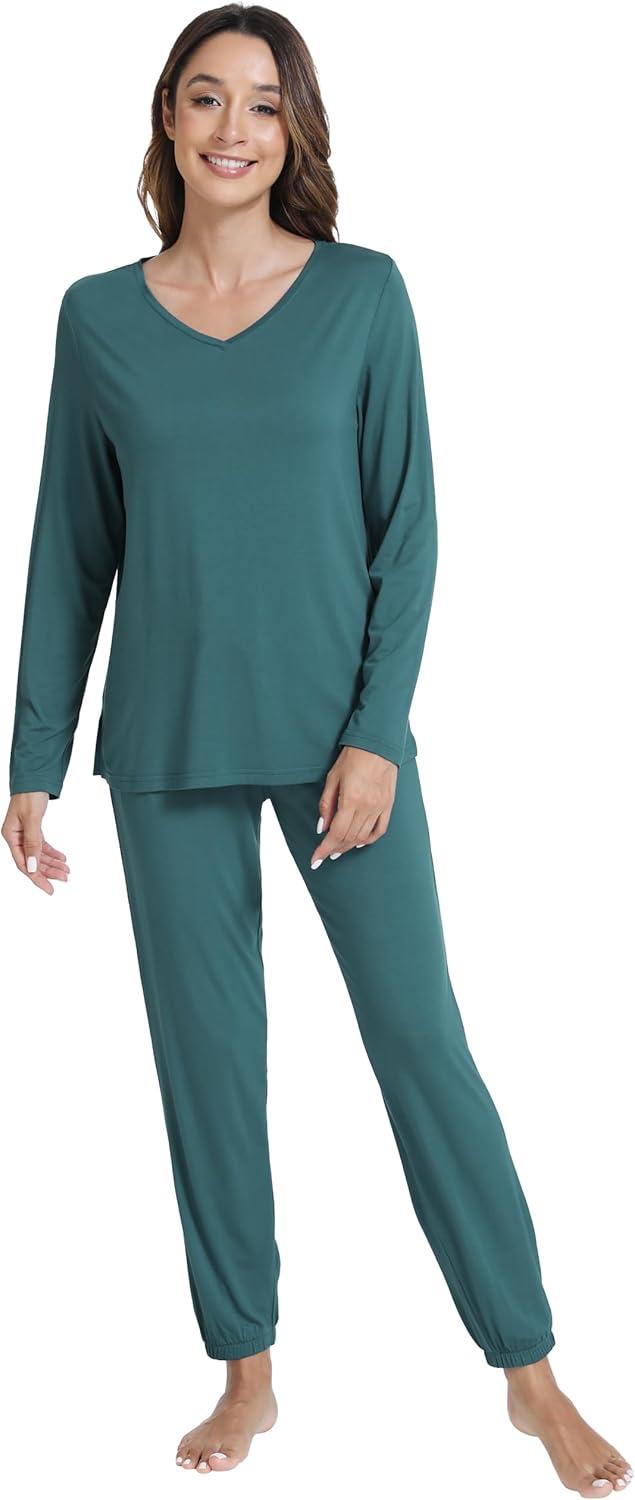 imageWiWi Womens Pajama Set Soft Long Sleeve Pajamas Viscose from Bamboo Top and Bottom Vneck Sleepwear Nightwear SXXLNavy Blue