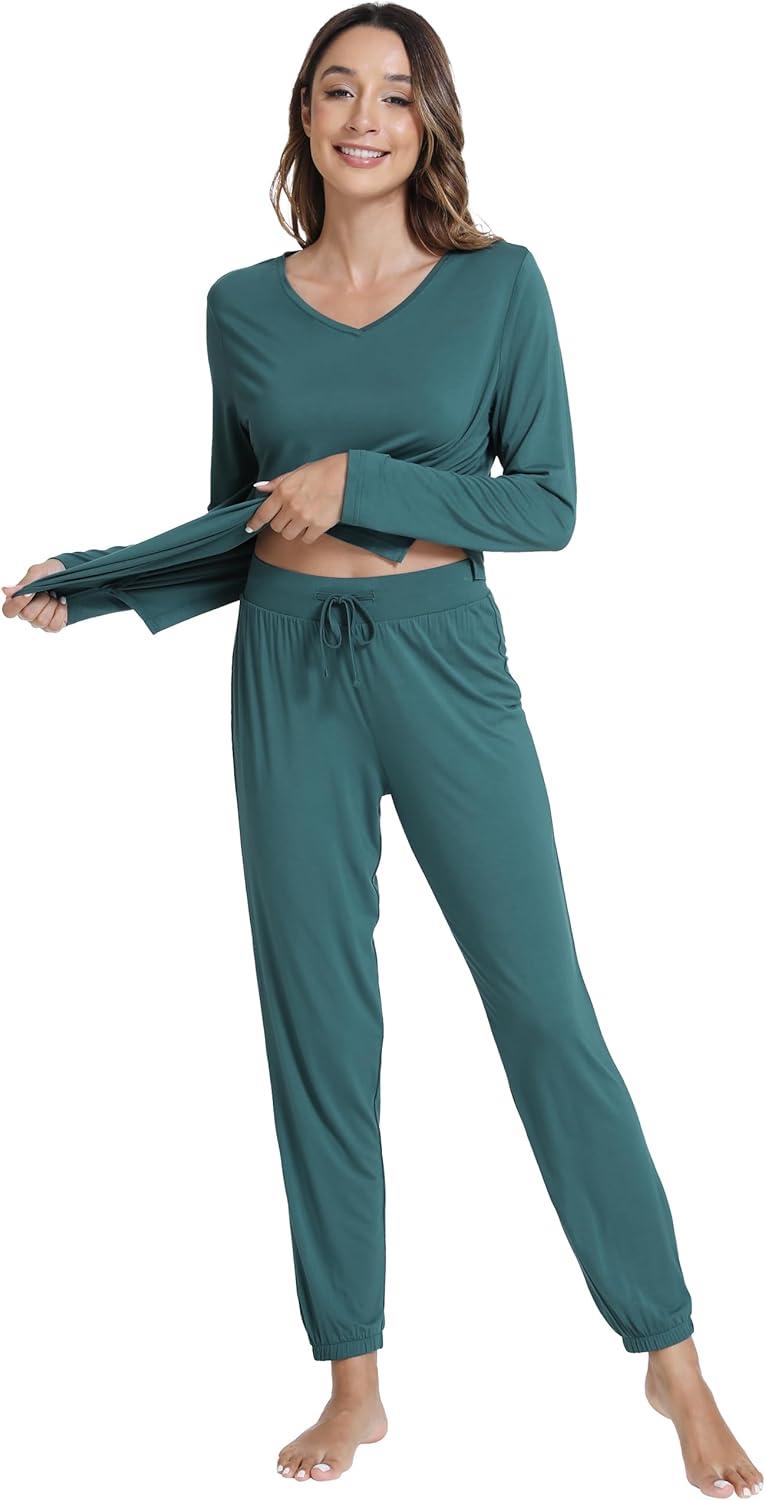 imageWiWi Womens Pajama Set Soft Long Sleeve Pajamas Viscose from Bamboo Top and Bottom Vneck Sleepwear Nightwear SXXLNavy Blue