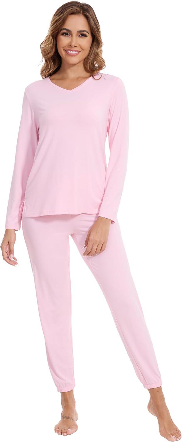 imageWiWi Womens Pajama Set Soft Long Sleeve Pajamas Viscose from Bamboo Top and Bottom Vneck Sleepwear Nightwear SXXLPink