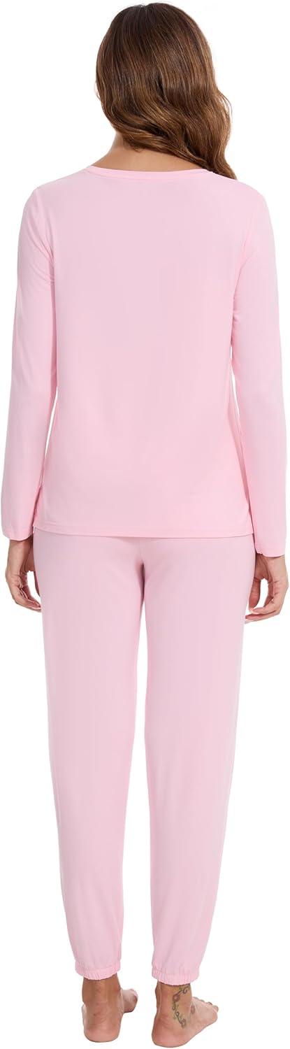 imageWiWi Womens Pajama Set Soft Long Sleeve Pajamas Viscose from Bamboo Top and Bottom Vneck Sleepwear Nightwear SXXLPink