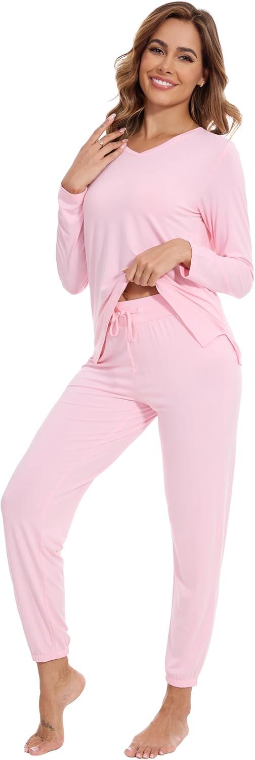 imageWiWi Womens Pajama Set Soft Long Sleeve Pajamas Viscose from Bamboo Top and Bottom Vneck Sleepwear Nightwear SXXLPink