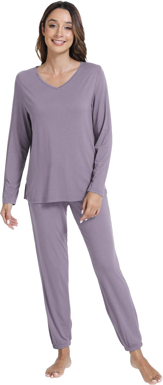 imageWiWi Womens Pajama Set Soft Long Sleeve Pajamas Viscose from Bamboo Top and Bottom Vneck Sleepwear Nightwear SXXLViolet