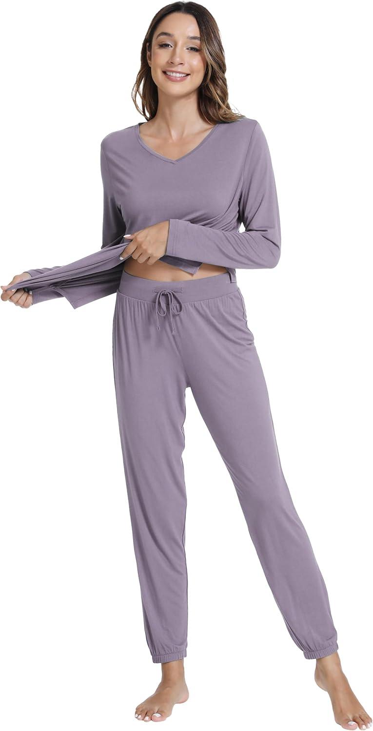 imageWiWi Womens Pajama Set Soft Long Sleeve Pajamas Viscose from Bamboo Top and Bottom Vneck Sleepwear Nightwear SXXLViolet