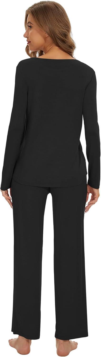 imageWiWi Womens Pajama Set Soft Long Sleeve Tee Pants Sleepwear 2 Piece Comfy Nightwear with Pockets Pjs SXXLAblack