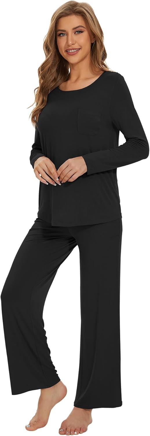 imageWiWi Womens Pajama Set Soft Long Sleeve Tee Pants Sleepwear 2 Piece Comfy Nightwear with Pockets Pjs SXXLAblack
