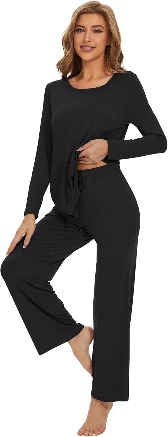 imageWiWi Womens Pajama Set Soft Long Sleeve Tee Pants Sleepwear 2 Piece Comfy Nightwear with Pockets Pjs SXXLAblack