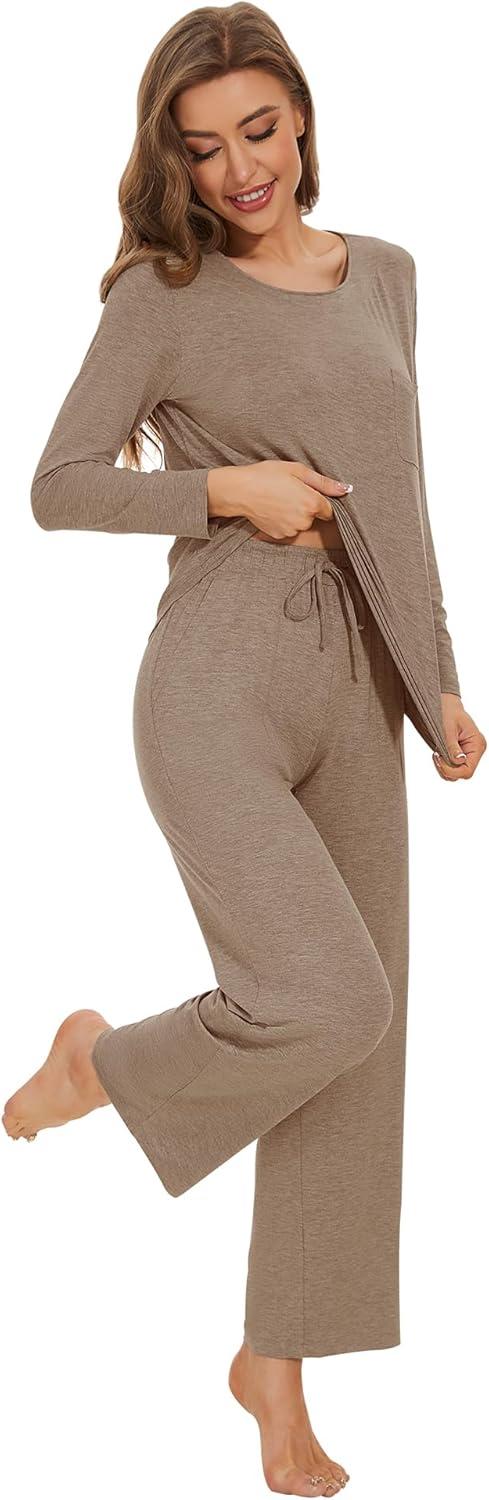 imageWiWi Womens Pajama Set Soft Long Sleeve Tee Pants Sleepwear 2 Piece Comfy Nightwear with Pockets Pjs SXXLAcamel