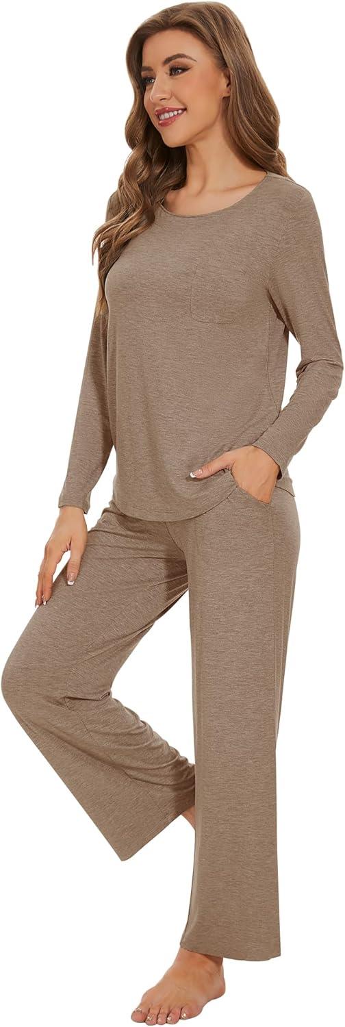 imageWiWi Womens Pajama Set Soft Long Sleeve Tee Pants Sleepwear 2 Piece Comfy Nightwear with Pockets Pjs SXXLAcamel