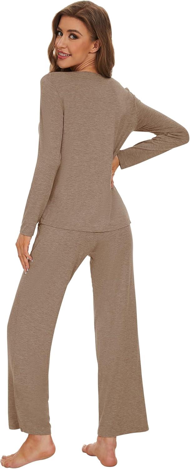 imageWiWi Womens Pajama Set Soft Long Sleeve Tee Pants Sleepwear 2 Piece Comfy Nightwear with Pockets Pjs SXXLAcamel