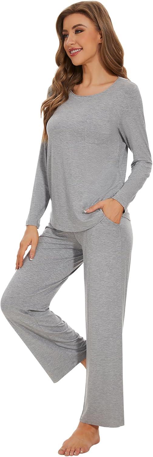 imageWiWi Womens Pajama Set Soft Long Sleeve Tee Pants Sleepwear 2 Piece Comfy Nightwear with Pockets Pjs SXXLAheather Grey