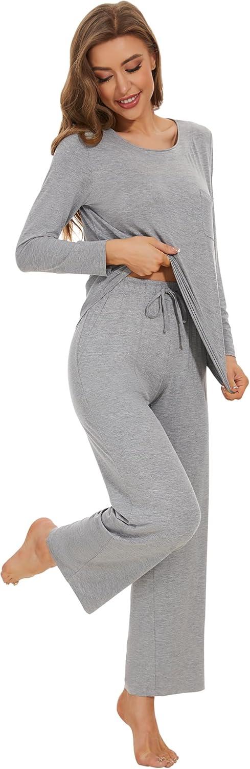 imageWiWi Womens Pajama Set Soft Long Sleeve Tee Pants Sleepwear 2 Piece Comfy Nightwear with Pockets Pjs SXXLAheather Grey