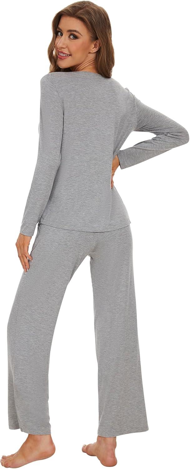 imageWiWi Womens Pajama Set Soft Long Sleeve Tee Pants Sleepwear 2 Piece Comfy Nightwear with Pockets Pjs SXXLAheather Grey